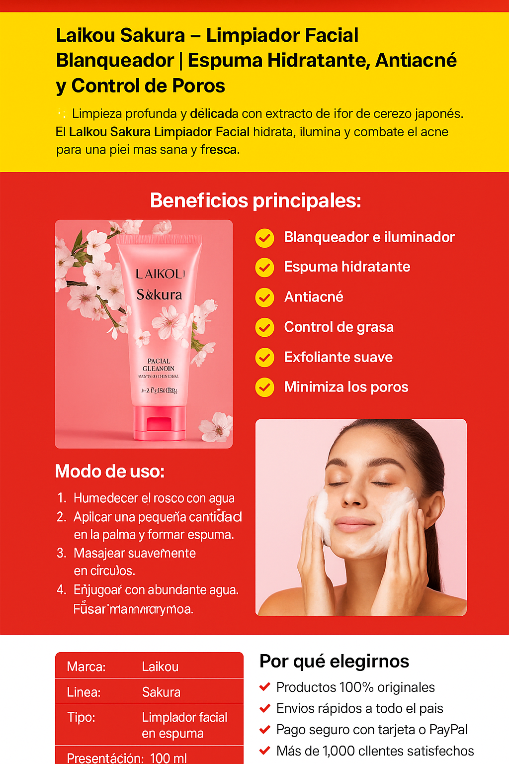 Vanari Laikou Sakura – Limpiador Facial Blanqueador | Espuma Hidratante, Control de Acné y Poros