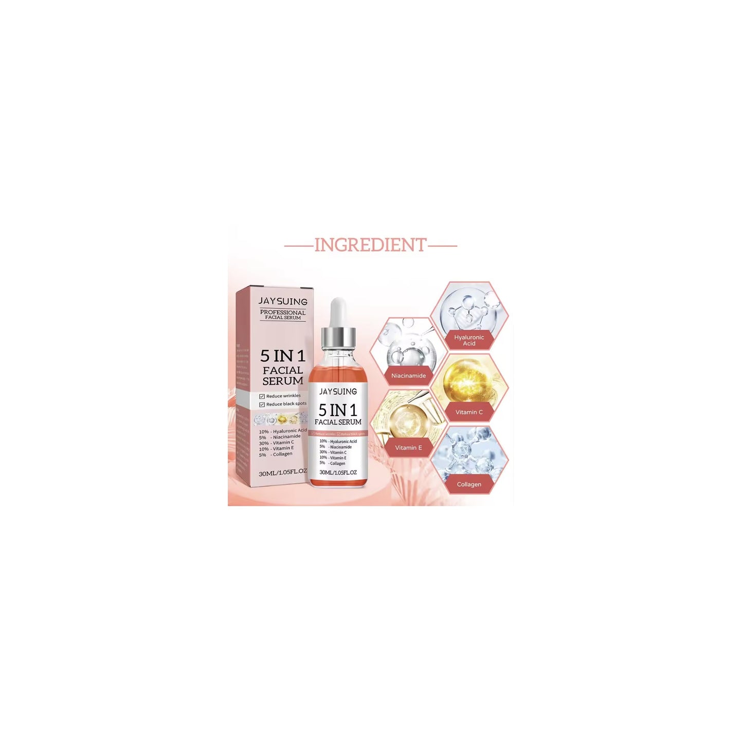 Suero Facial Reafirmante 5 en 1 – Ácido Hialurónico, Vitamina C, Niacinamida, Colágeno y Vitamina E – Antiarrugas e Iluminador 30 ml