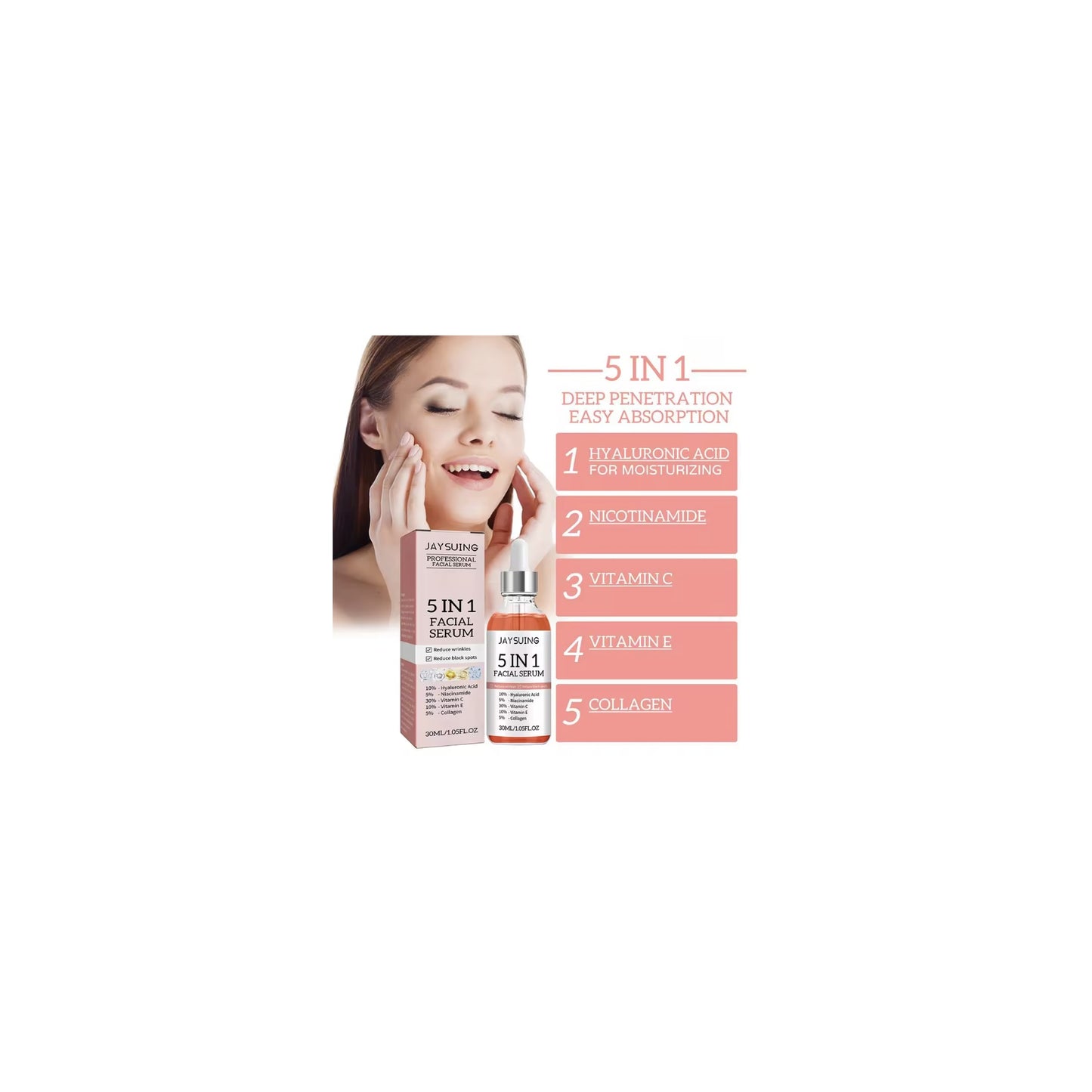 Suero Facial Reafirmante 5 en 1 – Ácido Hialurónico, Vitamina C, Niacinamida, Colágeno y Vitamina E – Antiarrugas e Iluminador 30 ml